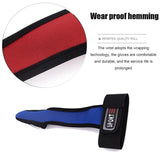 Blue wrist support glove with red hemming detail on a white background