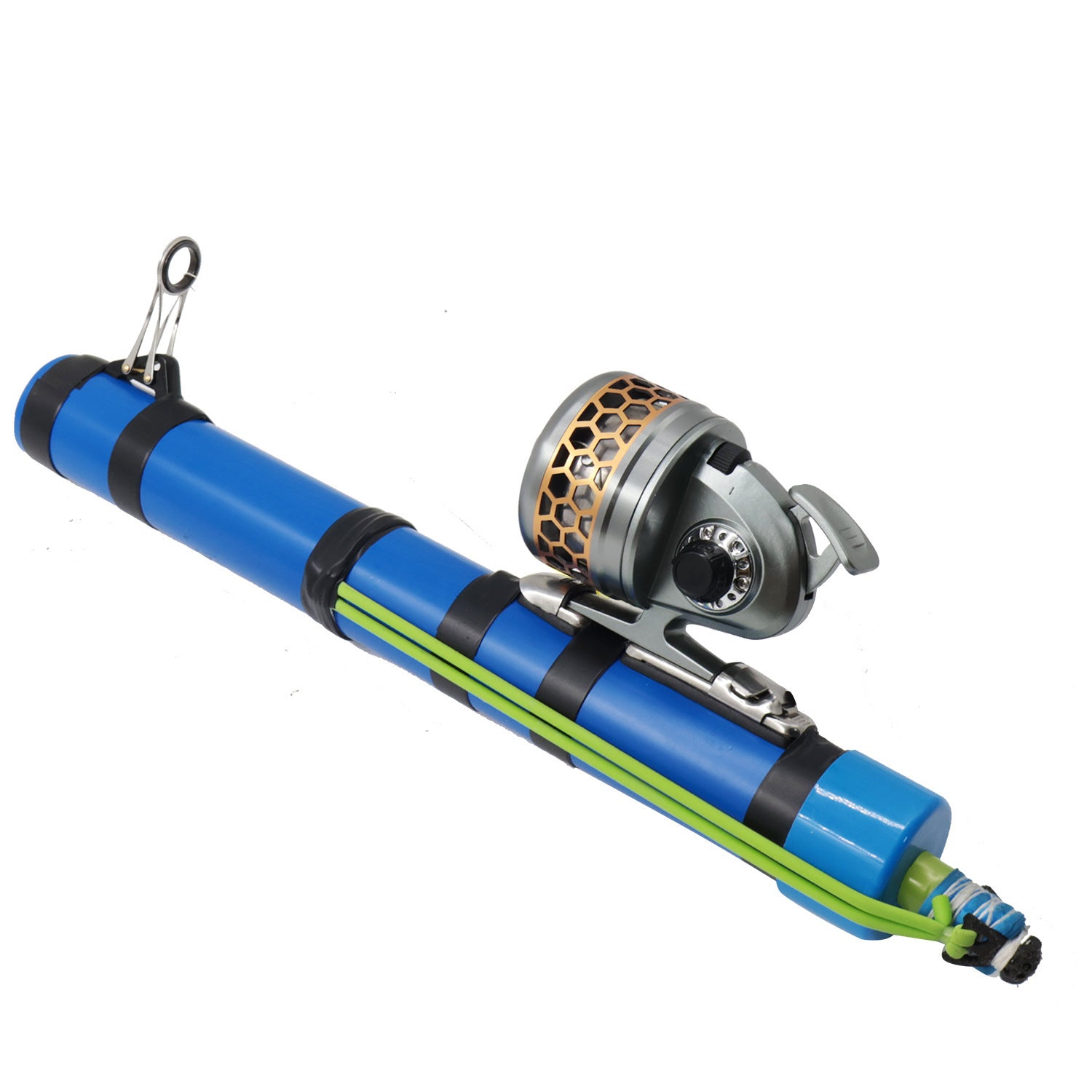 Blue catapult-style fishing rod held for demonstration