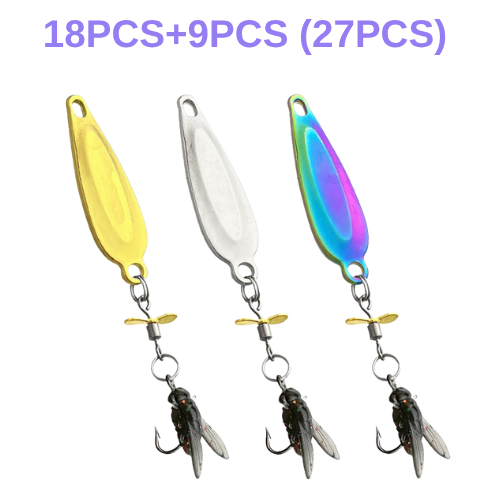 Three colorful fishing lures with attached flies on a white background, labeled as 27 pieces.