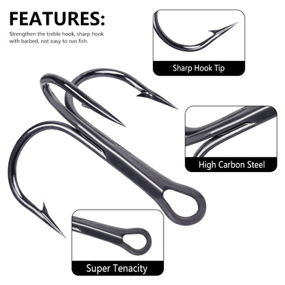 Variety of treble hook sizes ranging from 2# to 14# in a compact box.