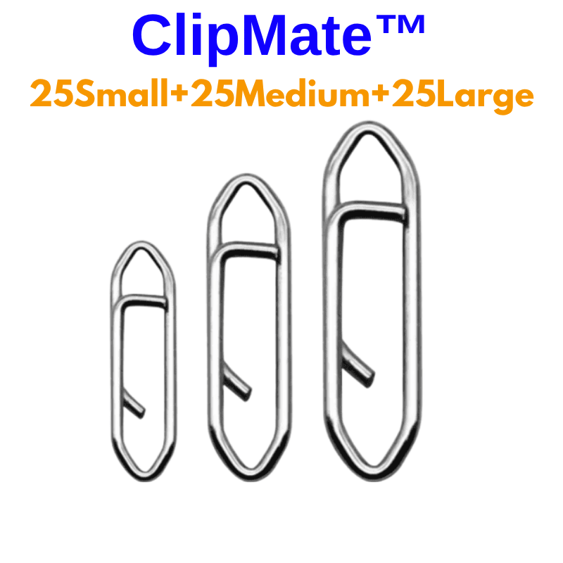Three sizes of ClipMate clips on a white background with 'ClipMate' branding.