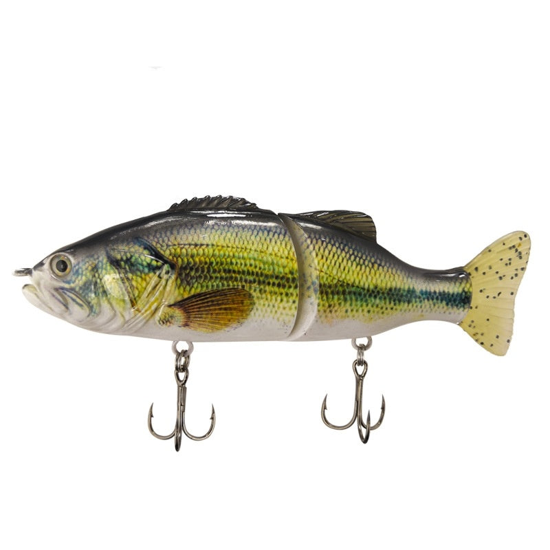 Fishing lure shaped like a fish with treble hooks on a white background