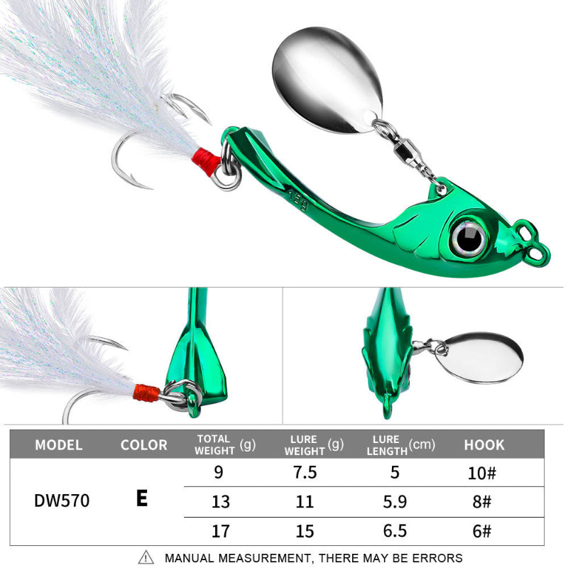 Green fishing lure with detailed specifications on a white background