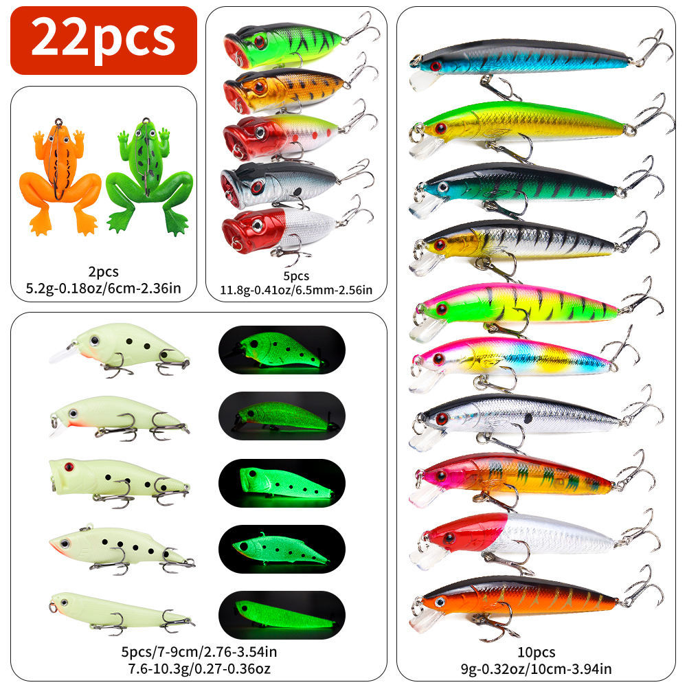 Assorted fishing lures with detailed specifications on a white background