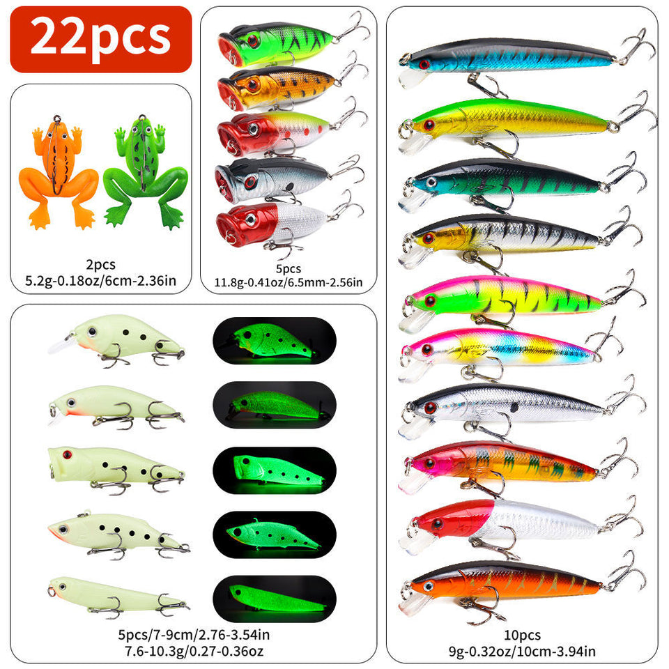 Assorted fishing lures with detailed specifications on a white background