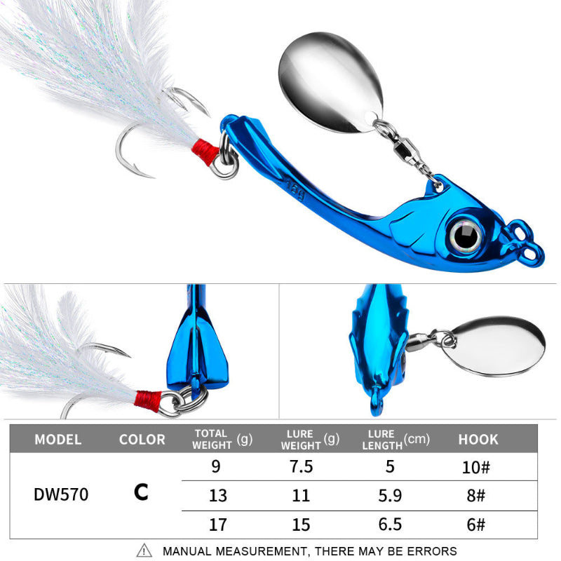 Blue fishing lure with detailed specifications on a white background