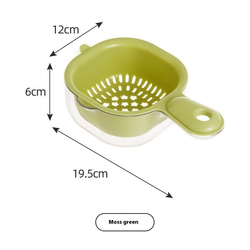 Moss green kitchen strainer with dimensions on a white background