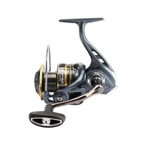 Fishing reel with metallic finish on a white background