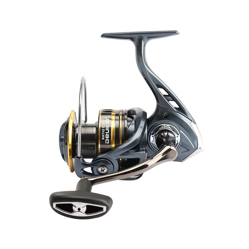 Fishing reel with metallic finish on a white background
