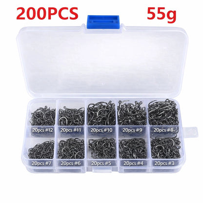 Assorted Barbed Fishing Hooks Set — Sizes 3# to 12#