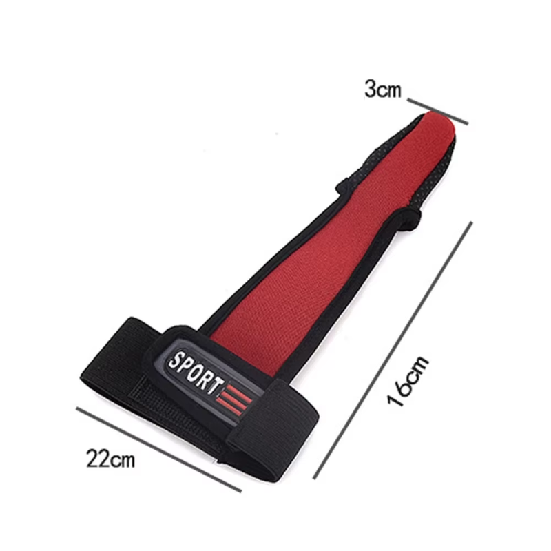 Red and black wrist wrap with measurement details on a white background
