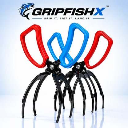 Three claw-like tools in red, blue, and black with Gripfish logo on a light blue background