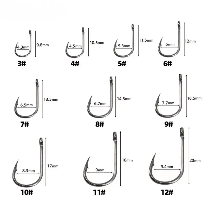 Assorted Barbed Fishing Hooks Set — Sizes 3# to 12#