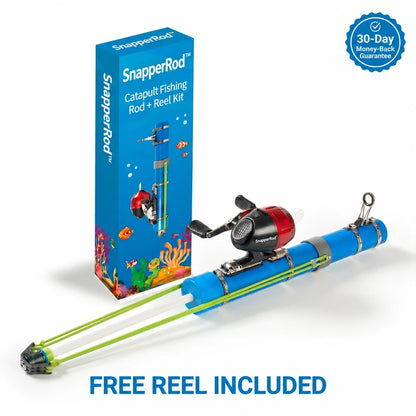 A blue and green catapult fishing rod and reel kit displayed next to its blue retail box on a white background, with a blue '30-Day Money-Back Guarantee' badge and 'FREE REEL INCLUDED' text.