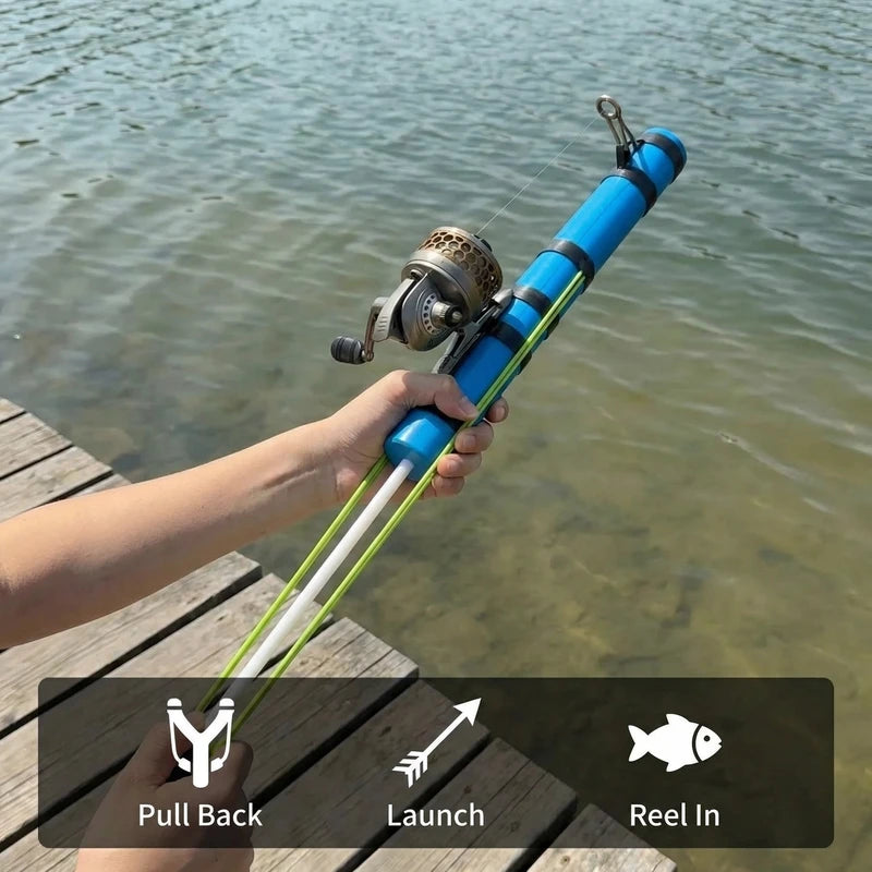 Fishing rod held by a hand on a wooden dock with water in the background