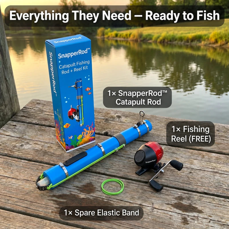 A fishing rod and reel kit displayed on a wooden dock beside a lake, with the SnapperRod retail box included. Text overlays identify the components: 1x SnapperRod Catapult Rod, 1x Fishing Reel (FREE), and 1x Spare Elastic Band.