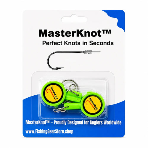 MasterKnot fishing knotting tool packaging with blue and white background