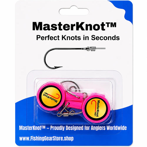 MasterKnot fishing knotting tool packaging with pink reels and blue and white background