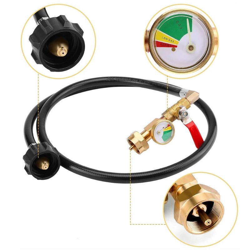 Pressure gauge and hose set with close-up details on a white background