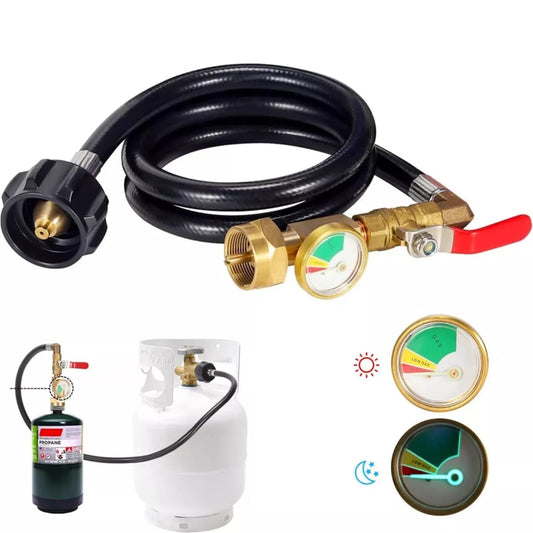 Gas cylinder with hose and pressure gauge on a white background