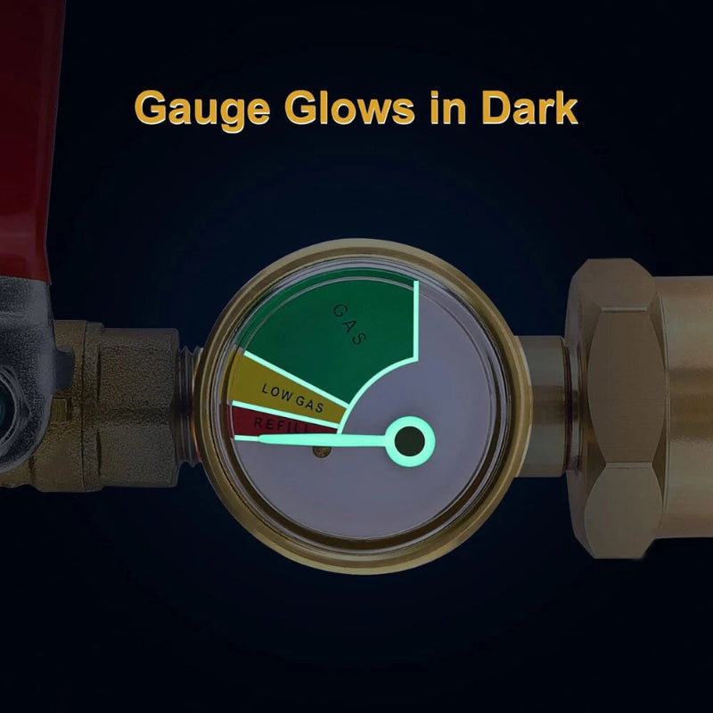 Pressure gauge with glowing green needle on a black background, labeled 'Gauge Glows in Dark'.