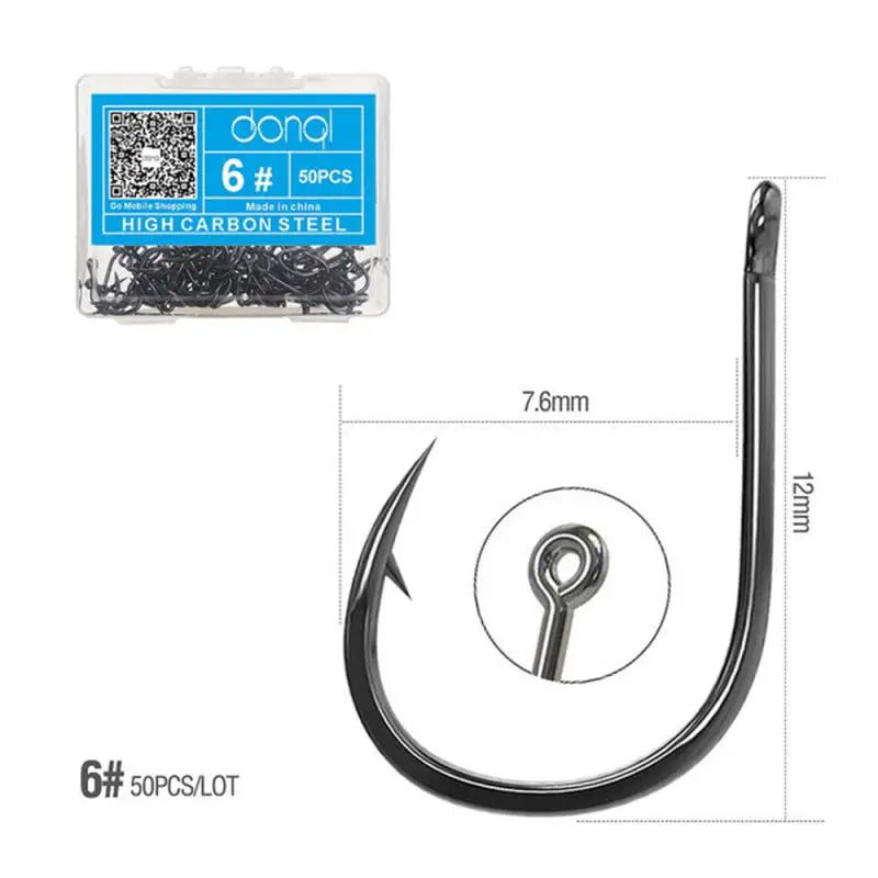Fishing hook with packaging and measurements on a white background