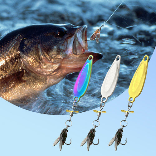 Close-up of TurboSpin fishing lure with metallic reflective coating and sharp hooks

