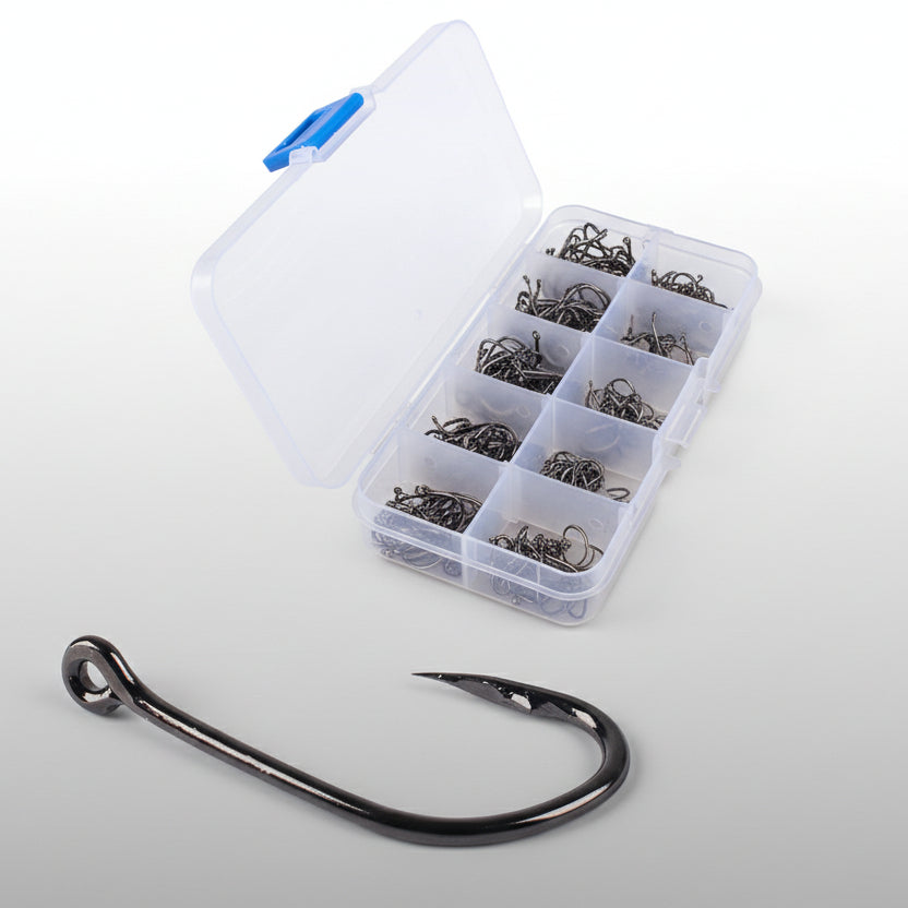 Clear plastic box with compartments containing fishing hooks, with a single fishing hook displayed in front on a black background.