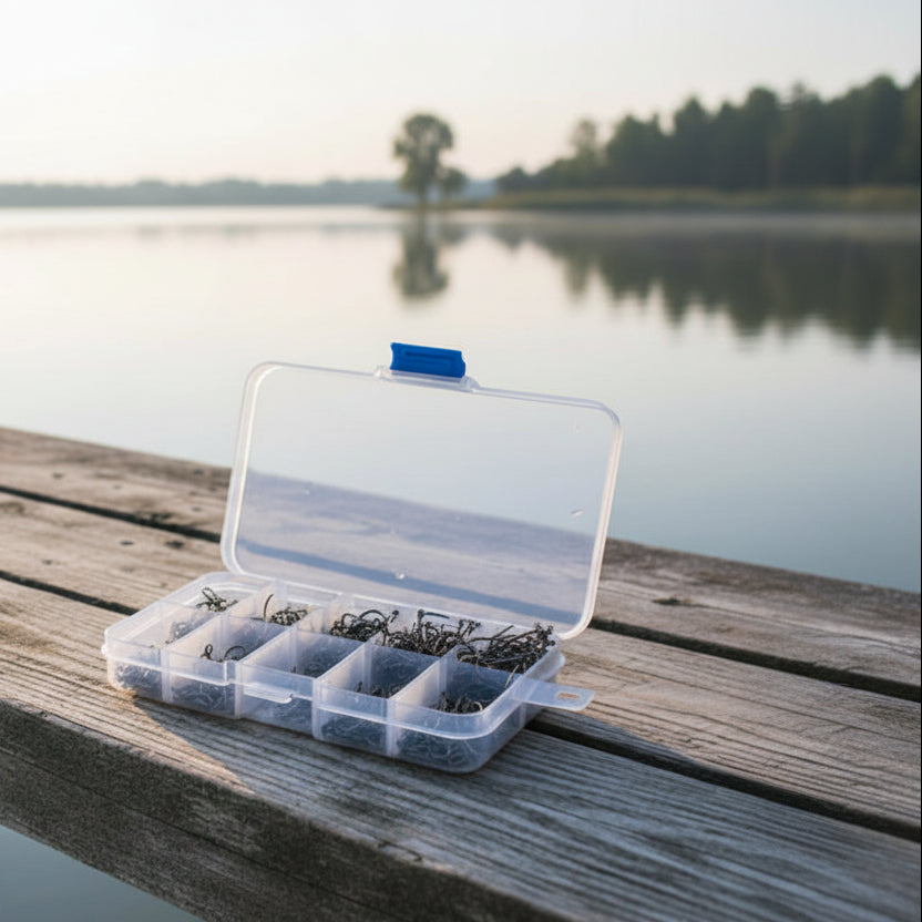 Box of fishing hooks with a clear lid showing 600 pieces and 108 grams.