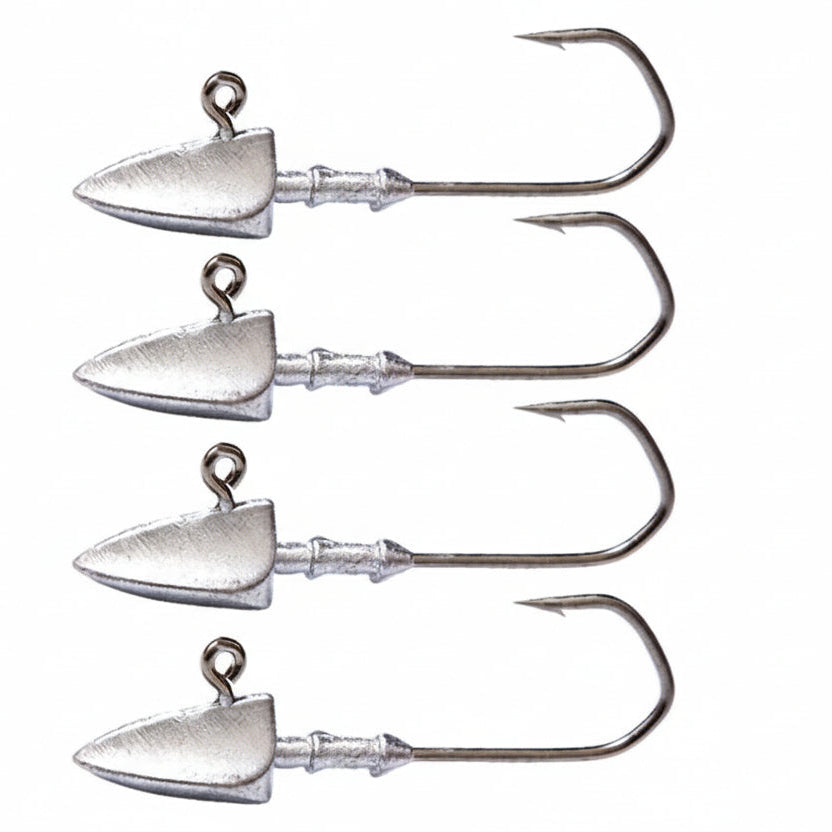 Set of five silver fishing hooks on a white background