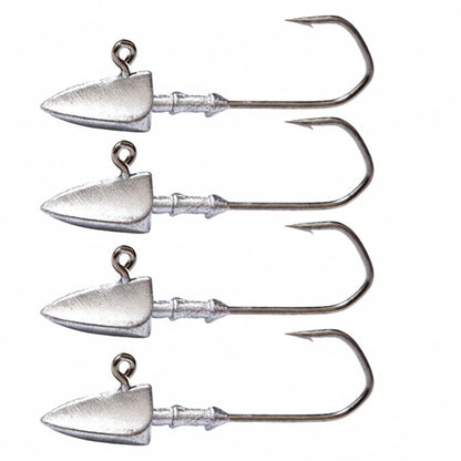 Set of five silver fishing hooks on a white background