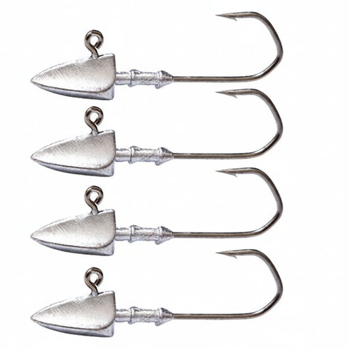 Set of five silver fishing hooks on a white background
